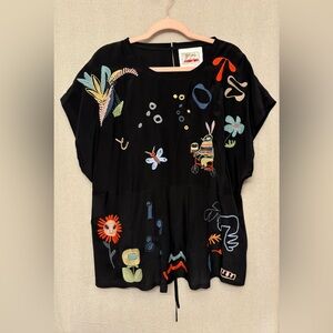 Johnny Was silk black embroidery top, breezy, funky, bohemian